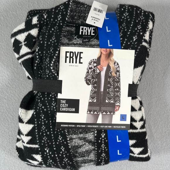 Frye Sweaters - NEW FRYE Women's The Cozy Cardigan Blk/wht Geometric Jacquard Knit Open Front L‎